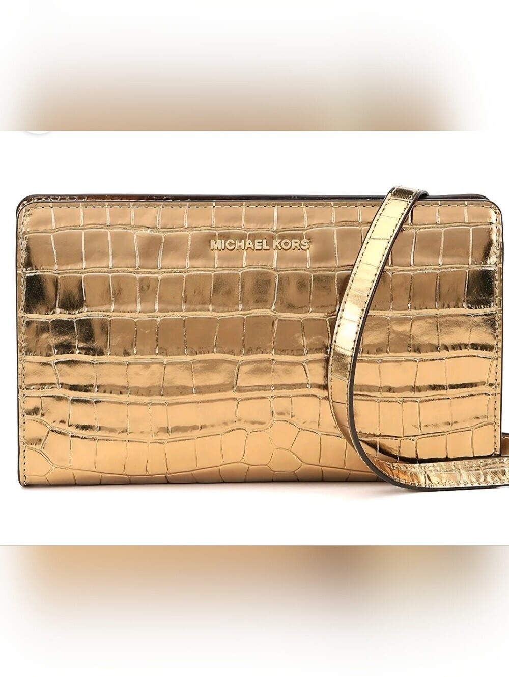 Michael Kors Metallic Croc-Embossed Zip Clutch- Gold